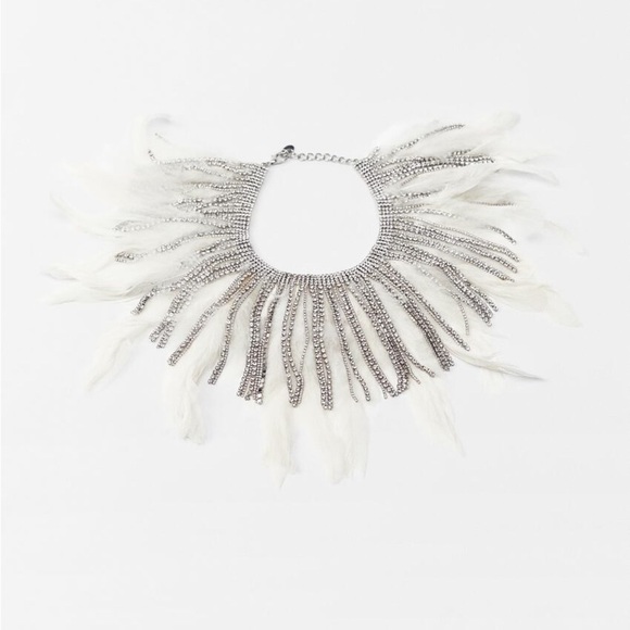 NWOT. Zara Feather Rhinestone Fringe Choker Necklace. - Picture 2 of 8